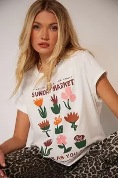 Футболка из 100% хлопка с графическим цветочным принтом и надписью «Sunday Market» Another Sunday, бежевый
