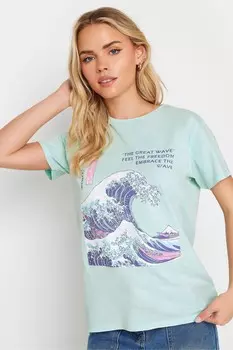 Футболка из 100% хлопка с надписью «Великая волна» Pixiegirl Petite, синий