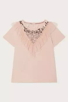 Футболка из 100% хлопка с оборками и пайетками Monsoon, розовый