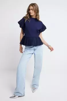 Футболка из 100% хлопка с плиссированным подолом River Island, синий