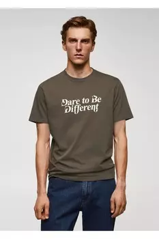 Футболка из 100% хлопка с принтом на груди Mango, хаки