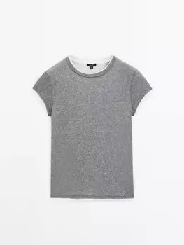 Футболка из 100% хлопка с ребристой деталью. Massimo Dutti, серый