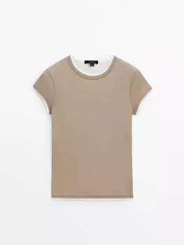 Футболка из 100% хлопка с ребристой деталью. Massimo Dutti, бежевый