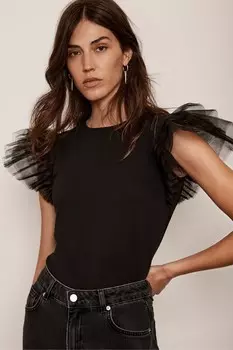 Футболка из 100% хлопка с рукавами из органзы Mint Velvet, черный