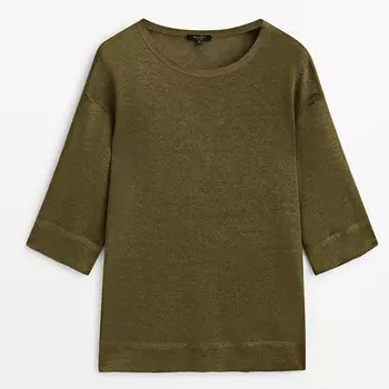 Футболка из 100% льна с рукавами 3/4 Massimo Dutti, хаки