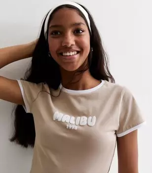 Футболка из эластичного хлопка с надписью Malibu для девочек New Look, светло-серый