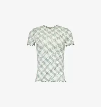 Футболка из эластичного хлопка с принтом в клетку и оборками Burberry, цвет breeze ip check