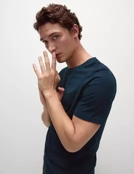 Футболка из чистого хлопка с круглым вырезом и стандартным кроем Marks & Spencer, темно-синий