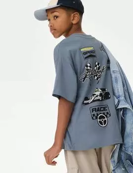 Футболка из чистого хлопка с принтом Автоспорт Marks & Spencer, цвет Steel blue