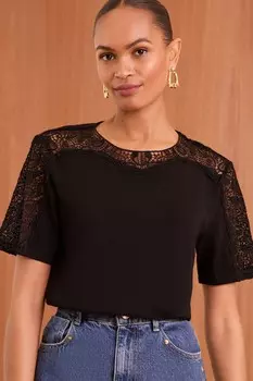 Футболка из джерси с короткими рукавами и кружевом Love & Roses, черный