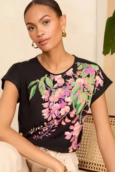 Футболка из джерси с круглым вырезом и тканой отделкой под лен Love & Roses, черный