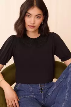 Футболка из джерси с кружевным воротником Love & Roses, черный