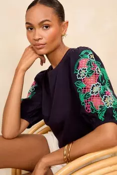 Футболка из джерси с пышными рукавами и вырезами Love & Roses, синий