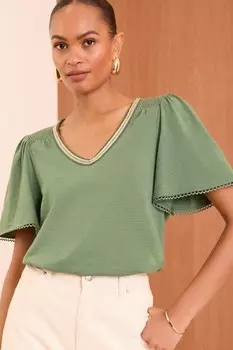 Футболка из джерси с V образным вырезом и декоративной отделкой Love & Roses, зеленый