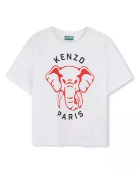 Футболка из хлопка для девочек с иллюстрацией спереди Kenzo Kids, белый