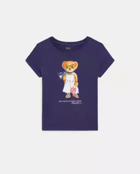 Футболка из хлопка для девочек с медведем поло Polo Ralph Lauren, тёмно-синий