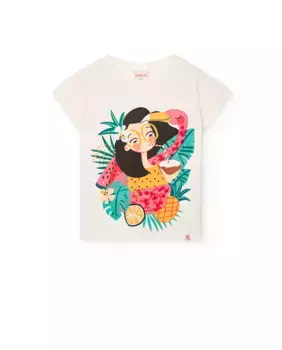 Футболка из хлопка для девочек с рисунком спереди Boboli, белый