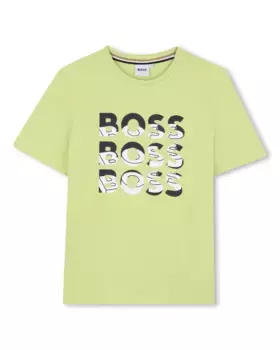 Футболка из хлопка для мальчика с мультилоготипом BOSS Kidswear, зеленый