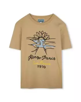 Футболка из хлопка для мальчика с рисунком спереди Kenzo Kids, бежевый