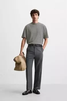 Футболка из хлопка и льна в полоску ZARA, темно-синий