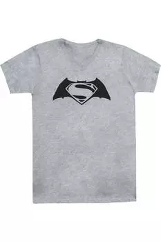 Футболка из хлопка премиум-класса с коротким рукавом и V-образным вырезом с простым логотипом Batman V Superman для взрослых Gildan, цвет athletic heather