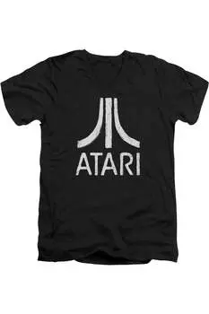Футболка из хлопка премиум-класса с коротким рукавом и V-образным вырезом для взрослых с логотипом Atari Rough Gildan, черный