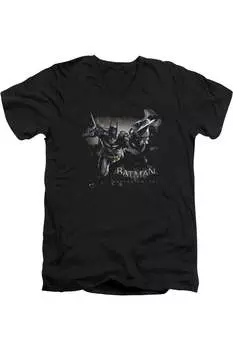 Футболка из хлопка премиум-класса с коротким рукавом и V-образным вырезом для взрослых Batman Arkham Knight Grapple Gildan, черный