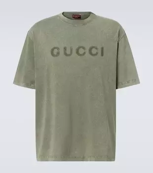 Футболка из хлопка с эффектом поношенности и логотипом Gucci, Military Green