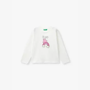 Футболка из хлопка с длинными рукавами и блестящим принтом для детей от 18 месяцев до 6 лет Benetton, белый