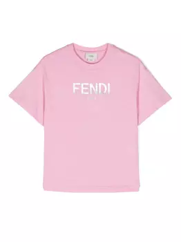 Футболка из хлопка с флокированным логотипом Fendi Kids, розовый