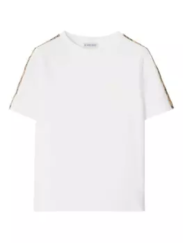 Футболка из хлопка с клетчатой отделкой Burberry Kids, белый