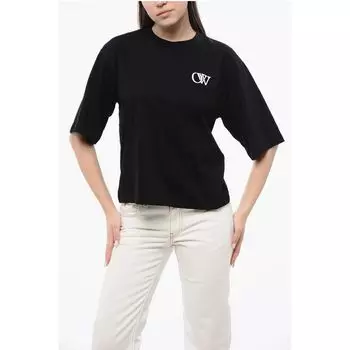Футболка из хлопка с круглым вырезом и контрастной вышивкой Off-White, Black