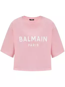Футболка из хлопка с логотипом Balmain, розовый