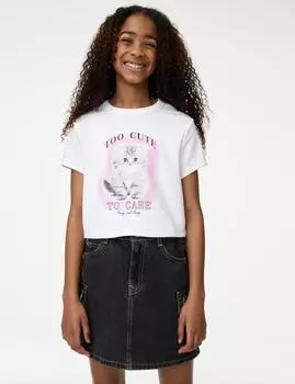Футболка из хлопка с надписью Кот Marks & Spencer, белый