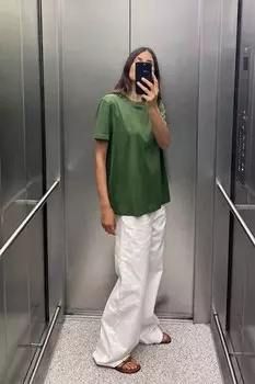 Футболка из хлопка с отделкой энзимами ZARA, мох зеленый