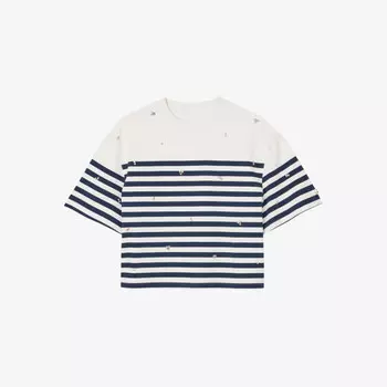 Футболка из хлопка с полосатым принтом, украшенная стразами Sandro, синий