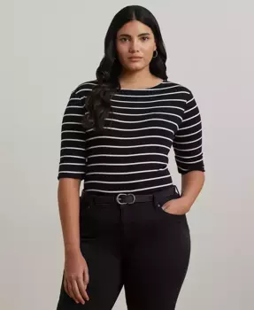 Футболка из хлопка с полосками и лодочкой Plus Size Lauren Ralph Lauren, мультиколор