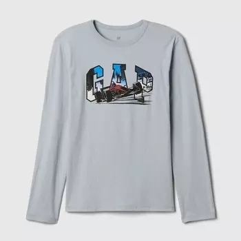 Футболка из хлопка с принтом и длинными рукавами. Gap, серый