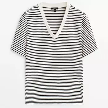 Футболка из хлопка в полоску с V-образным вырезом Massimo Dutti, черно-белый