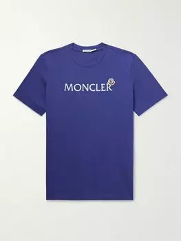 Футболка из хлопкового джерси с аппликацией из флокированного логотипа MONCLER, индиго