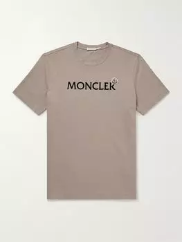 Футболка из хлопкового джерси с аппликацией из флокированного логотипа MONCLER, цвет Mushroom