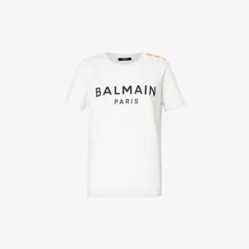 Футболка из хлопкового джерси с фирменным принтом и золотистой фурнитурой Balmain, цвет blanc noir