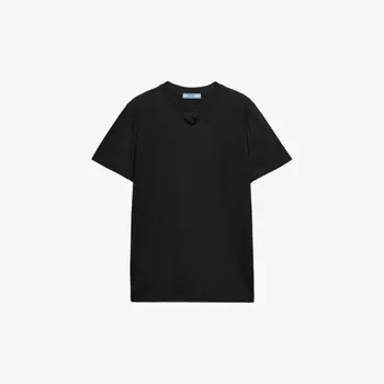 Футболка из хлопкового джерси с короткими рукавами и вышитым треугольником Prada, черный