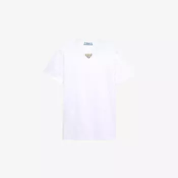 Футболка из хлопкового джерси с короткими рукавами и вышитым треугольником Prada, белый