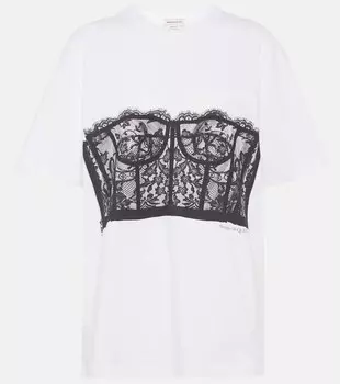 Футболка из хлопкового джерси с кружевной накладкой ALEXANDER MCQUEEN, белый