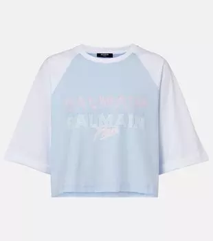 Футболка из хлопкового джерси с логотипом Balmain, Bleu Ciel/Blanc/Multicolore