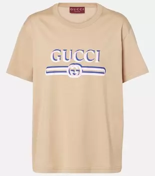Футболка из хлопкового джерси с логотипом Gucci, Light Camel