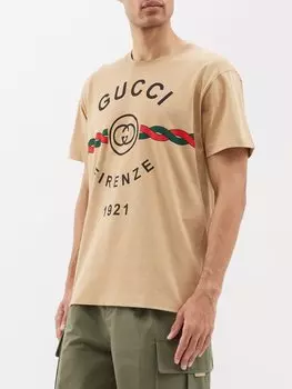 Футболка из хлопкового джерси с логотипом Gucci, бежевый