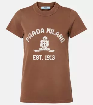 Футболка из хлопкового джерси с логотипом Prada, Tabacco