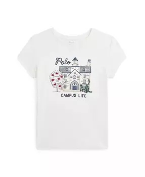 Футболка из хлопкового джерси с рисунком кампуса для больших девочек Polo Ralph Lauren, белый